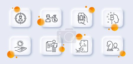 Illustration for Job interview, Salary and Headhunting line icons pack. 3d glass buttons with blurred circles. Chess, Voicemail, Sun protection web icon. Baggage app, Bitcoin think pictogram. Vector - Royalty Free Image