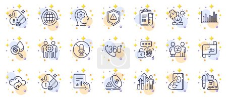 Illustration for Outline set of Globe, Bar diagram and Water analysis line icons for web app. Include Yoga, Document, 360 degree pictogram icons. Fitness, Employee results, Discrimination signs. Vector - Royalty Free Image