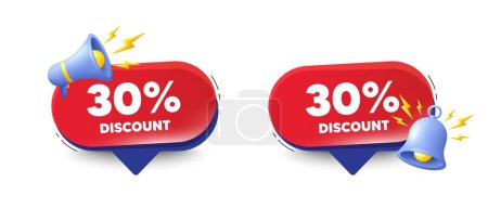 Illustration for 30 percent discount tag. Speech bubbles with 3d bell, megaphone. Sale offer price sign. Special offer symbol. Discount chat speech message. Red offer talk box. Vector - Royalty Free Image