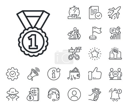 Illustration for Winner achievement or Award symbol. Salaryman, gender equality and alert bell outline icons. Reward Medal line icon. Glory or Honor sign. Best rank line sign. Spy or profile placeholder icon. Vector - Royalty Free Image