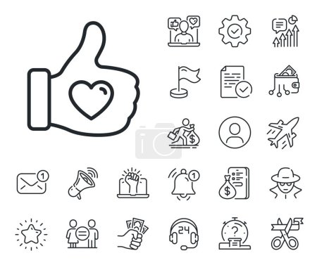 Illustration for Thumbs up finger sign. Salaryman, gender equality and alert bell outline icons. Like hand line icon. Brand ambassador gesture symbol. Like hand line sign. Spy or profile placeholder icon. Vector - Royalty Free Image