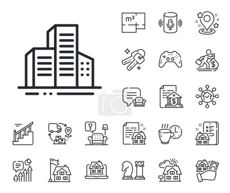 Illustration for City architecture sign. Floor plan, stairs and lounge room outline icons. Buildings line icon. Skyscraper building symbol. Buildings line sign. House mortgage, sell building icon. Real estate. Vector - Royalty Free Image