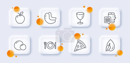 Ilustración de Pack de iconos de Apple, Food order y Glass line. botones de vidrio 3d con círculos borrosos. Guisantes, anacardo, icono de la web de alimentos. Gota de agua, pictograma de pizza. Para aplicación web, impresión. Vector - Imagen libre de derechos