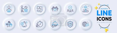 Illustration for User notification, Like and Hold heart line icons for web app. Pack of World mail, Restaurant food, Bid offer pictogram icons. Stop shopping, Winner, Yoga balance signs. People insurance. Vector - Royalty Free Image