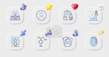 Illustration for Fingerprint, Difficult stress and Development plan line icons. Buttons with 3d bell, chat speech, cursor. Pack of Accounting, Documents, Chemical formula icon. Headshot, Typewriter pictogram. Vector - Royalty Free Image