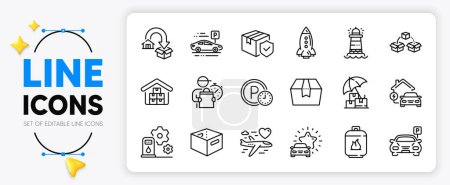Illustration for Parking, Delivery insurance and Home charging line icons set for app include Gas cylinder, Lighthouse, Parcel shipping outline thin icon. Car review, Package box, Moving service pictogram icon. Vector - Royalty Free Image