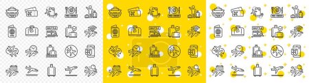 Illustration for Boarding pass, Baggage claim, Arrival and Departure. Airport line icons. Connecting flight, tickets, pre-order food icons. Passport control, airport baggage carousel, inflight wifi. Vector - Royalty Free Image