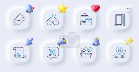 Illustration for Career ladder, Legal documents and Hand washing line icons. Buttons with 3d bell, chat speech, cursor. Pack of Open door, E-mail, Sunglasses icon. Qr code, Shopping pictogram. Vector - Royalty Free Image
