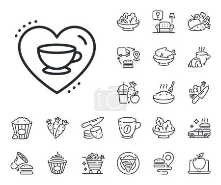 Illustration for Hot cappuccino cup sign. Crepe, sweet popcorn and salad outline icons. Love coffee line icon. Heart with mug symbol. Love coffee line sign. Pasta spaghetti, fresh juice icon. Supply chain. Vector - Royalty Free Image