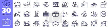 Illustration for Car travel, Bicycle and Petrol station line icons pack. Bus parking, Parking security, Mountain bike web icon. Inventory cart, Boxes pallet, Flag pictogram. Delivery online. Vector - Royalty Free Image