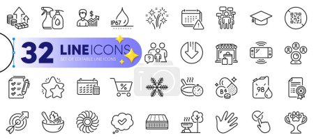 Illustration for Outline set of Inflation, Reject certificate and Target line icons for web with Calendar, Frying pan, Vitamin b6 thin icon. Fan engine, Approved, Petrol canister pictogram icon. Vector - Royalty Free Image