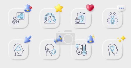 Illustration for Fingerprint, Budget accounting and Fever line icons. Buttons with 3d bell, chat speech, cursor. Pack of Medical mask, Mental health, Lgbt icon. Group people, Idea head pictogram. Vector - Royalty Free Image