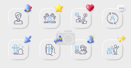 Illustration for Opinion, Businesswoman person and Leadership line icons. Buttons with 3d bell, chat speech, cursor. Pack of New house, User info, Online voting icon. Help app, Clean hands pictogram. Vector - Royalty Free Image