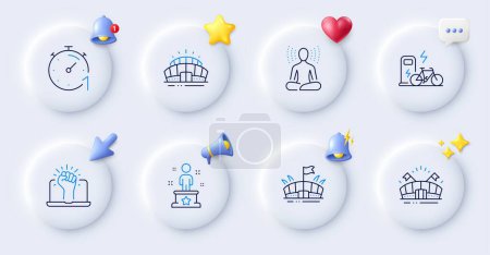 Illustration for Sports arena, Electric bike and Timer line icons. Buttons with 3d bell, chat speech, cursor. Pack of Yoga, Success, Arena stadium icon. Empower pictogram. For web app, printing. Vector - Royalty Free Image