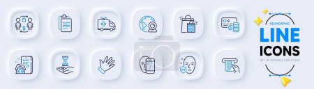 Illustration for Clipboard, Hand and Buying process line icons for web app. Pack of Credit card, Video conference, Face biometrics pictogram icons. Property agency, Time hourglass, Ambulance car signs. Vector - Royalty Free Image