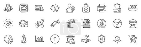 Illustration for Icons pack as Heartbeat, Food and Security lock line icons for app include Puzzle time, Cross sell, Outsource work outline thin icon web set. Rocket, Wind energy, Teamwork question pictogram. Vector - Royalty Free Image