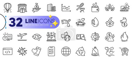 Illustration for Outline set of Fish grill, Online storage and Mute line icons for web with World communication, Search book, Conjunctivitis eye thin icon. Wallet money, Organic tested. Vector - Royalty Free Image