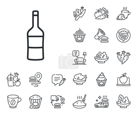 Illustration for Merlot or Cabernet Sauvignon sign. Crepe, sweet popcorn and salad outline icons. Wine bottle line icon. Wine line sign. Pasta spaghetti, fresh juice icon. Supply chain. Vector - Royalty Free Image