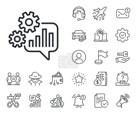 Illustration for Engineering tool sign. Salaryman, gender equality and alert bell outline icons. Cogwheel chat line icon. Cog gear symbol. Cogwheel line sign. Spy or profile placeholder icon. Vector - Royalty Free Image