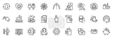 Illustration for Icons pack as Teamwork, Delivery service and Mattress line icons for app include Computer cables, Cold-pressed oil, Auction outline thin icon web set. Voting ballot, Bike rental. Vector - Royalty Free Image