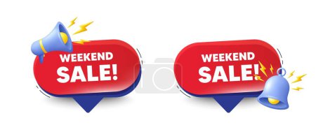 Illustration for Weekend Sale tag. Speech bubbles with 3d bell, megaphone. Special offer price sign. Advertising Discounts symbol. Weekend sale chat speech message. Red offer talk box. Vector - Royalty Free Image