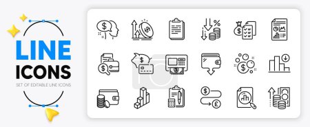 Illustration for Inflation, Decreasing graph and Payment method line icons set for app include Report document, Accounting report, Clipboard outline thin icon. 3d chart, Deflation, Piggy bank pictogram icon. Vector - Royalty Free Image