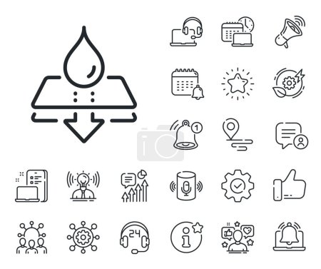 Illustration for Waterproof sign. Place location, technology and smart speaker outline icons. Water resistant line icon. Drop protection symbol. Water resistant line sign. Influencer, brand ambassador icon. Vector - Royalty Free Image