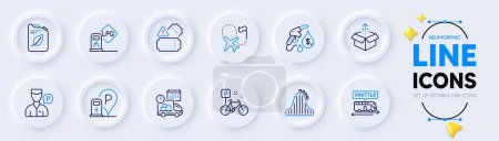 Illustration for Bike, Petrol station and Send box line icons for web app. Pack of Canister, Tickets, Gas station pictogram icons. Destination flag, Roller coaster, Shuttle bus signs. Valet servant, Delivery. Vector - Royalty Free Image