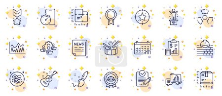 Illustration for Outline set of Stress, Floor plan and Investment line icons for web app. Include Star target, Graph chart, Build pictogram icons. Paint brush, Package size, Chemical hazard signs. Vector - Royalty Free Image