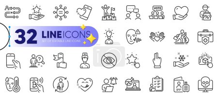 Illustration for Outline set of Leadership, Bitcoin pay and Doctor line icons for web with People chatting, Volunteer, Cyber attack thin icon. Medical insurance, Not looking, Loyalty program pictogram icon. Vector - Royalty Free Image