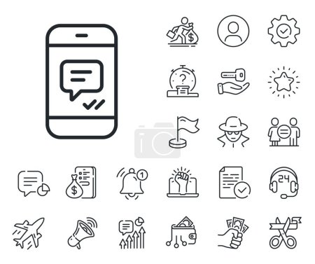 Illustration for Mobile chat sign. Salaryman, gender equality and alert bell outline icons. Phone Message line icon. Conversation or SMS symbol. Message line sign. Spy or profile placeholder icon. Vector - Royalty Free Image