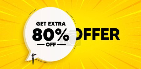 Illustration for Get Extra 80 percent off Sale. Chat speech bubble banner. Discount offer price sign. Special offer symbol. Save 80 percentages. Extra discount speech bubble message. Talk box background. Vector - Royalty Free Image
