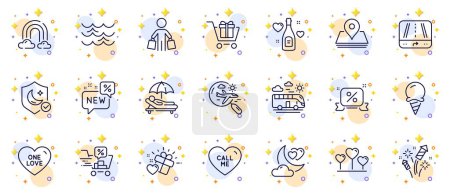 Illustration for Outline set of Love night, Call me and Gps line icons for web app. Include Love gift, New, Bus travel pictogram icons. Search flight, Discounts cart, Ice cream signs. Rainbow, Buyer, Guard. Vector - Royalty Free Image