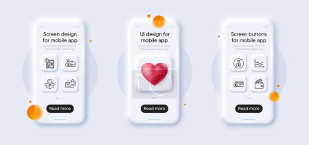 Illustration for Parking payment, Card and Change money line icons pack. 3d phone mockups with heart. Glass smartphone screen. Salary, Diagram chart, Donation web icon. Payment method, Debit card pictogram. Vector - Royalty Free Image