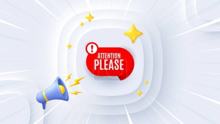 Illustration for Attention please banner. Neumorphic offer 3d banner, poster. Warning chat bubble sticker. Special offer label. Attention please promo event background. Sunburst banner, flyer or coupon. Vector - Royalty Free Image