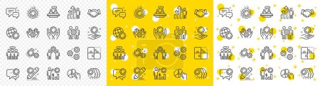 Illustration for Business strategy, handshake and people collaboration. Employees benefits line icons. Teamwork, social responsibility, people relationship icons. Growth chart, employees benefits. Vector - Royalty Free Image