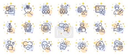 Illustration for Outline set of Job interview, Foreman and Chemistry lab line icons for web app. Include Father day, Group people, Edit person pictogram icons. Woman read, Teamwork, Business statistics signs. Vector - Royalty Free Image