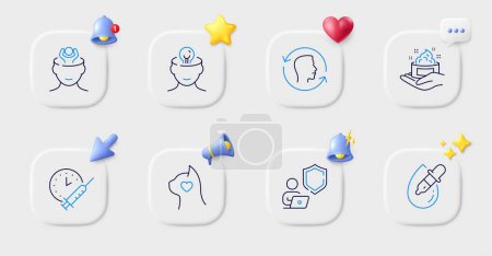 Illustration for Eye drops, Skin care and Pets care line icons. Buttons with 3d bell, chat speech, cursor. Pack of Mental health, Vaccination schedule, Face id icon. Shield, Stress pictogram. Vector - Royalty Free Image