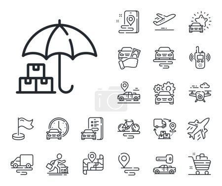 Illustration for Package insurance sign. Plane, supply chain and place location outline icons. Delivery service line icon. Tracking parcel symbol. Delivery service line sign. Taxi transport, rent a bike icon. Vector - Royalty Free Image