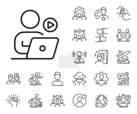 Illustration for Online training sign. Specialist, doctor and job competition outline icons. Video conference line icon. Start presentation symbol. Video conference line sign. Vector - Royalty Free Image