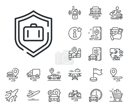 Illustration for Suitcase bag sign. Plane, supply chain and place location outline icons. Luggage protect line icon. Baggage secure symbol. Luggage protect line sign. Taxi transport, rent a bike icon. Vector - Royalty Free Image