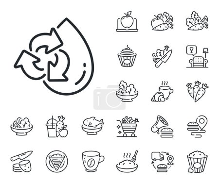Illustration for Recycle clean aqua sign. Crepe, sweet popcorn and salad outline icons. Water drop line icon. Refill liquid symbol. Recycle water line sign. Pasta spaghetti, fresh juice icon. Supply chain. Vector - Royalty Free Image