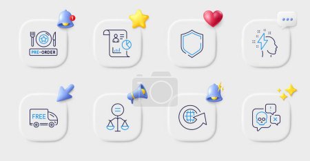Illustration for Brainstorming, World globe and Pre-order food line icons. Buttons with 3d bell, chat speech, cursor. Pack of Cyber attack, Report, Shield icon. Ethics, Free delivery pictogram. Vector - Royalty Free Image