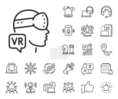 Illustration for VR simulation sign. Place location, technology and smart speaker outline icons. Augmented reality line icon. Gaming headset glasses symbol. Augmented reality line sign. Vector - Royalty Free Image