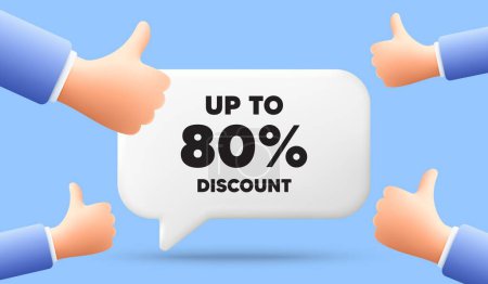 Illustration for Up to 80 percent discount. 3d speech bubble banner with like hands. Sale offer price sign. Special offer symbol. Save 80 percentages. Discount tag chat speech message. 3d offer talk box. Vector - Royalty Free Image
