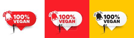 Illustration for 100 percent vegan tag. Speech bubbles with bell and woman silhouette. Organic bio food sign. Vegetarian product symbol. Vegan food chat speech message. Woman with megaphone. Vector - Royalty Free Image