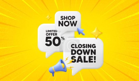 Illustration for Closing down sale. 3d offer chat speech bubbles. Special offer price sign. Advertising discounts symbol. Closing down sale speech bubble 3d message. Talk box megaphone banner. Vector - Royalty Free Image