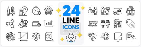 Illustration for Icons set of Atom core, Cogwheel and Seo idea line icons pack for app with Coal trolley, Ethics, Qr code thin outline icon. Hold document, Copyright laptop, Employees wealth pictogram. Vector - Royalty Free Image