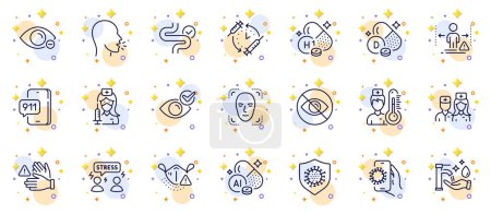 Illustration for Outline set of Difficult stress, Covid app and Digestion line icons for web app. Include Dont touch, Not looking, Vaccination pictogram icons. Emergency call, Washing hands, Myopia signs. Vector - Royalty Free Image