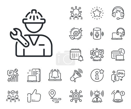 Illustration for Repairman service sign. Place location, technology and smart speaker outline icons. Spanner tool line icon. Fix instruments symbol. Repairman line sign. Influencer, brand ambassador icon. Vector - Royalty Free Image